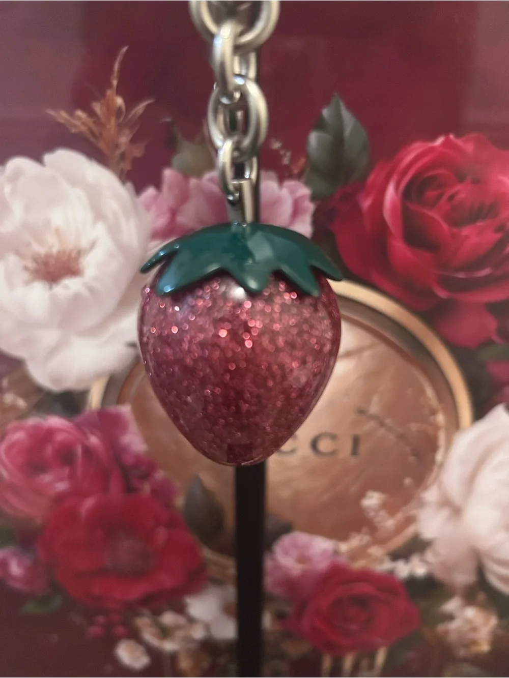 Glitter Strawberry Keychain with Green Leaf Top